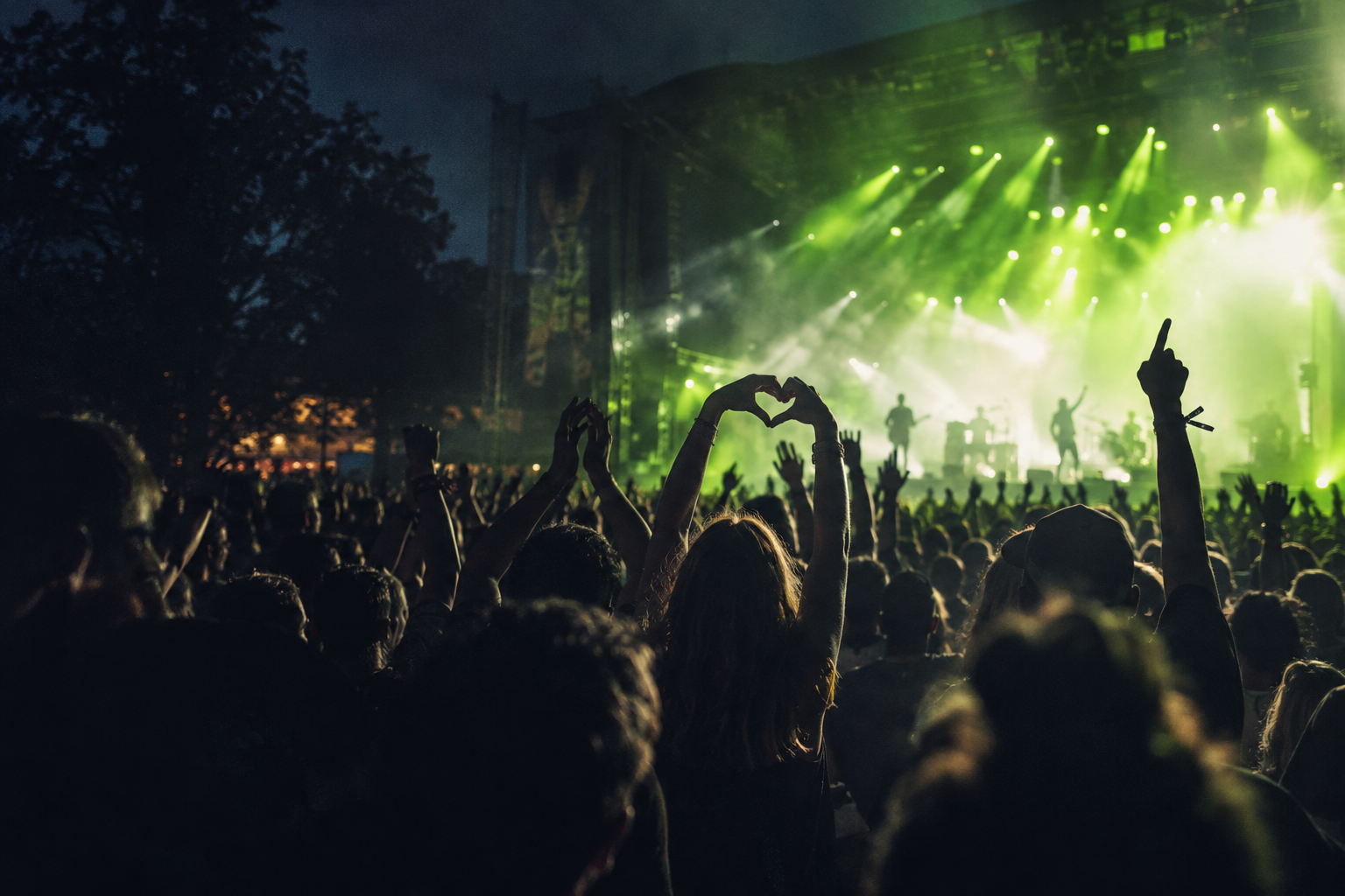 Publikum bei einem Konzert im grünen Scheinwerferlicht